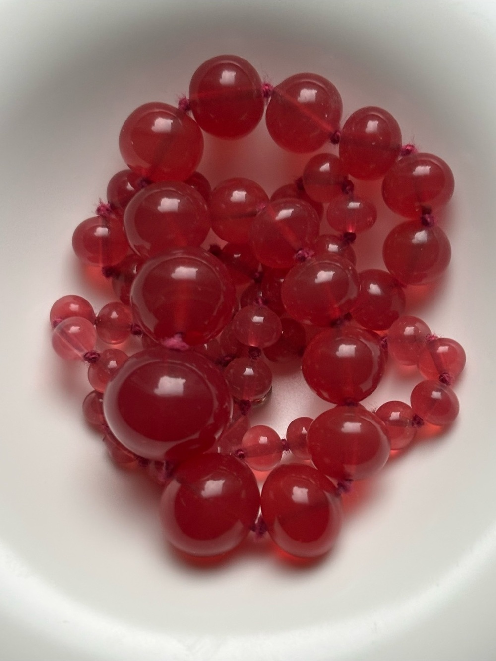 Vintage knotted Cranberry Glass Graduated Necklace